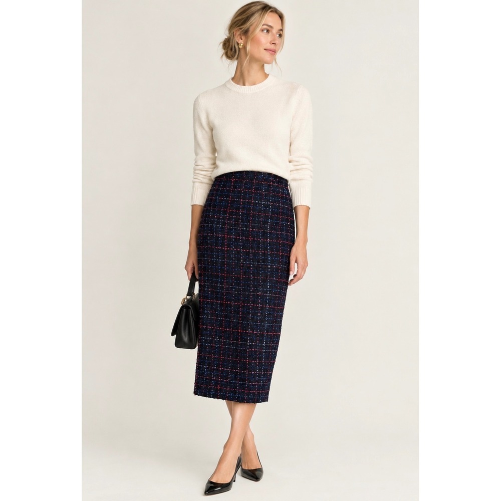 Halogen Navy Blue Tweed Plaid Pencil Midi Skirt Size 6 Workwear Boucle Preppy